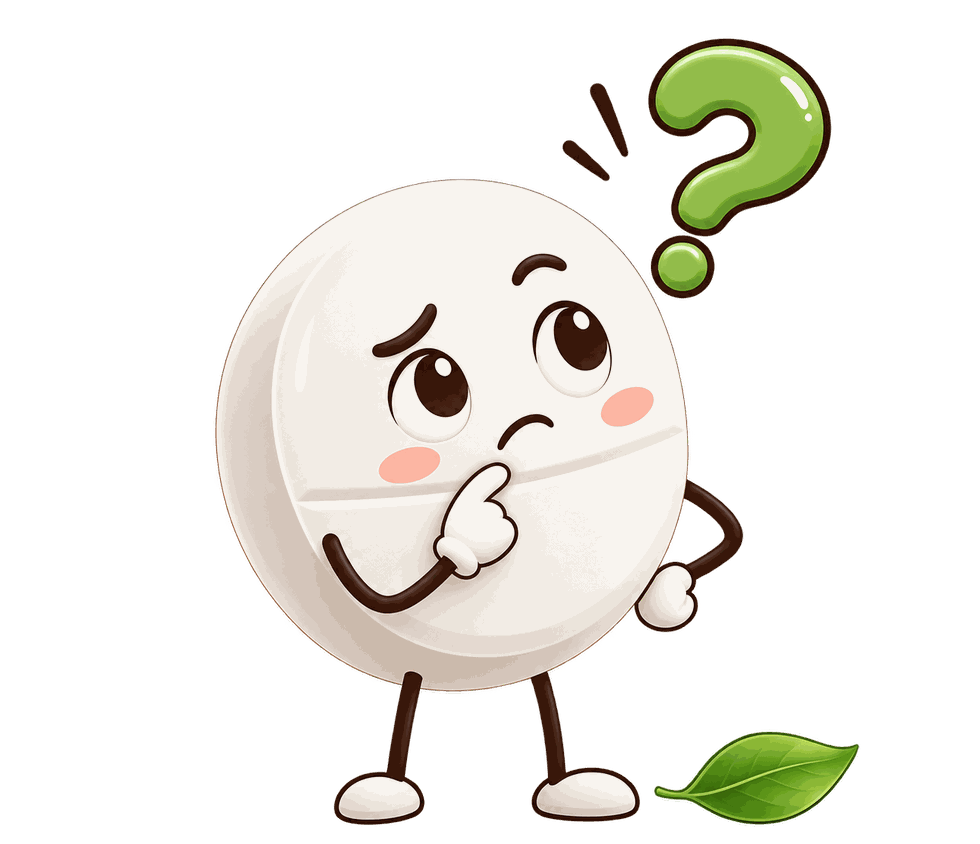 Thinking pill character with a question mark